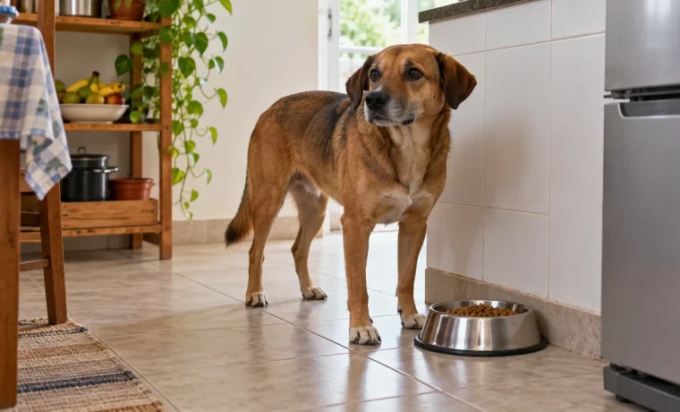 Cachorro ao lado do pote de comida num canto da cozinha