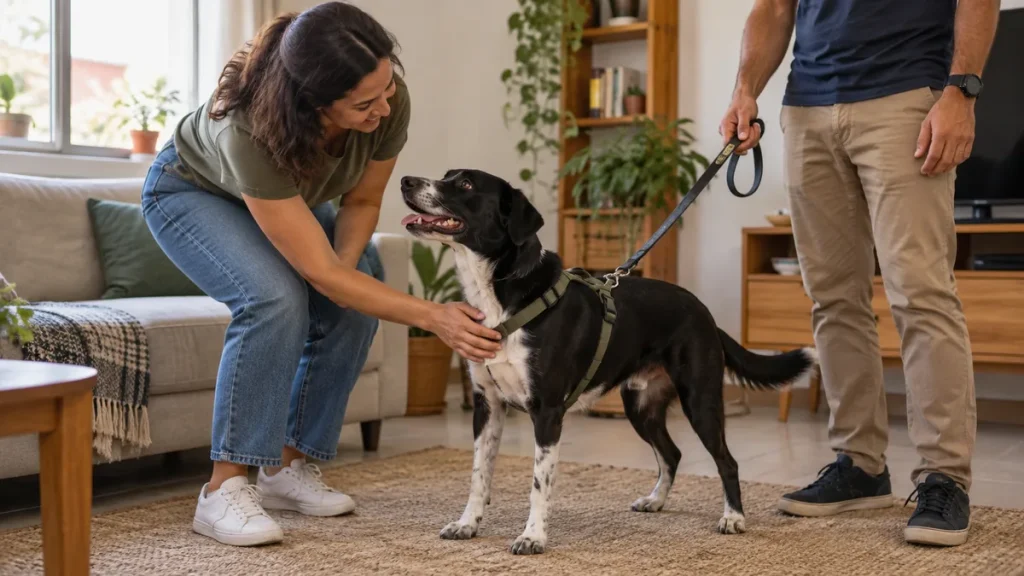 Cachorro recebe carinho com as quatro patas no chão e o tutor supervisiona