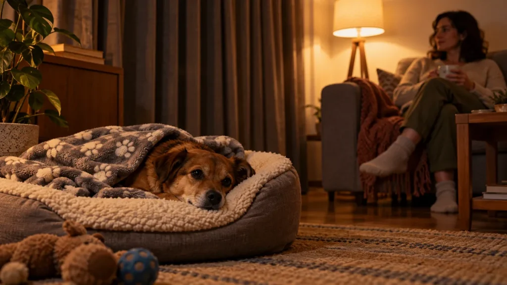 Cachorro em sua cama num cômodo com cortinas fechadas