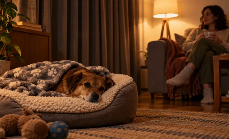 Cachorro em sua cama num cômodo com cortinas fechadas