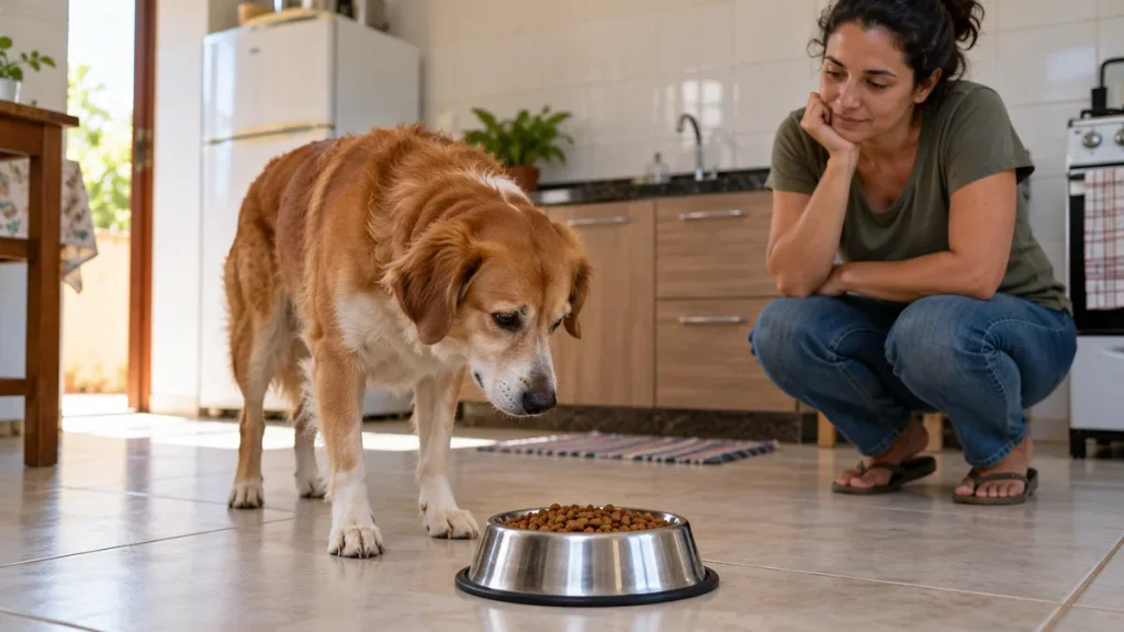 Cachorro perto da tigela de comida com o tutor observando
