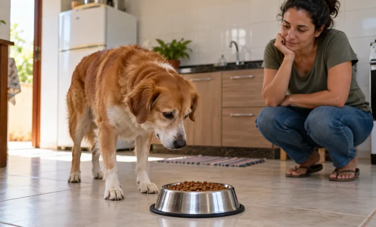 Cachorro perto da tigela de comida com o tutor observando