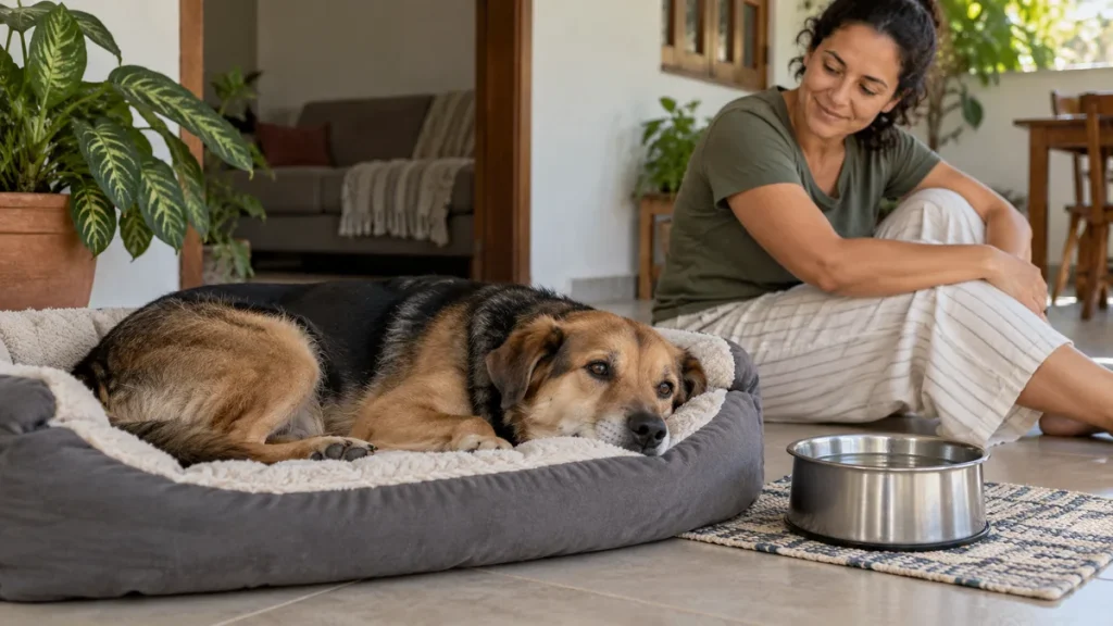 Cachorro descansando com água disponível em um lugar tranquilo