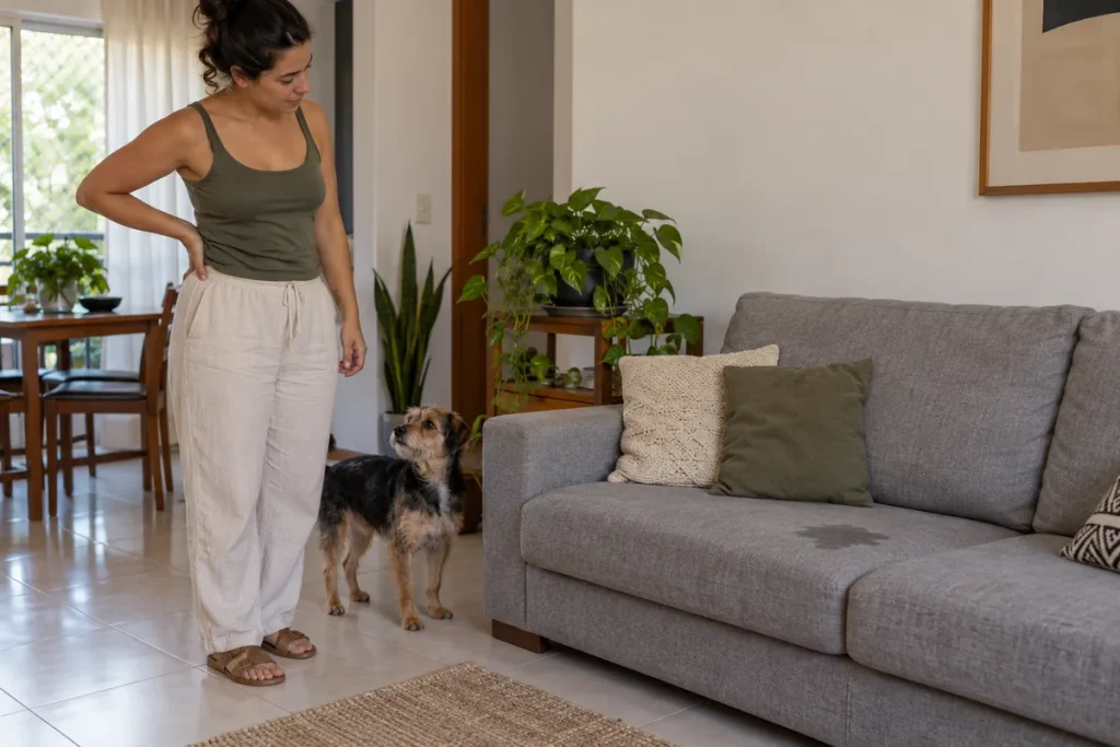Cachorro ao lado de um sofá com uma pequena mancha úmida no assento