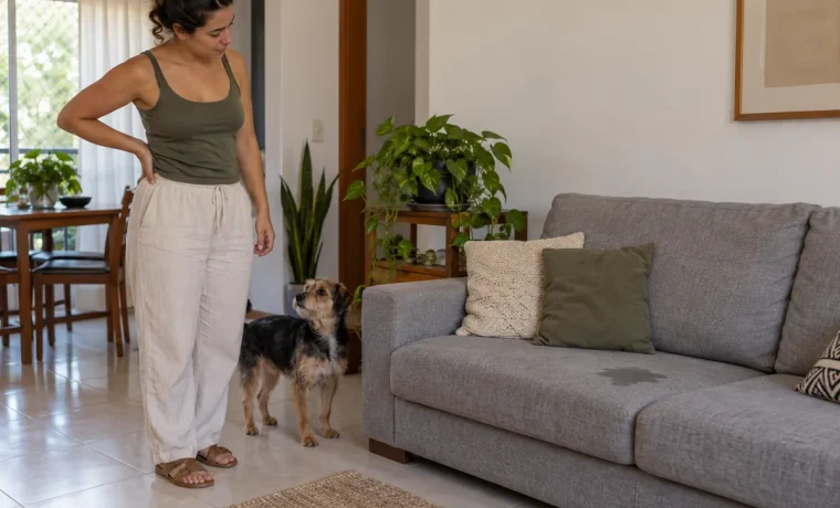Cachorro ao lado de um sofá com uma pequena mancha úmida no assento