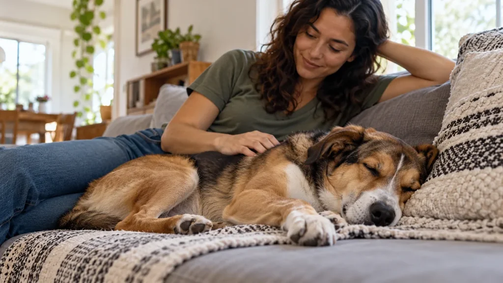 Cachorro dormindo em sua cama na sala