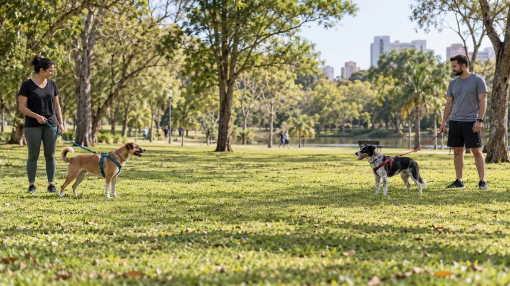 Dois cães adultos acompanhados por tutores observam um ao outro à distância