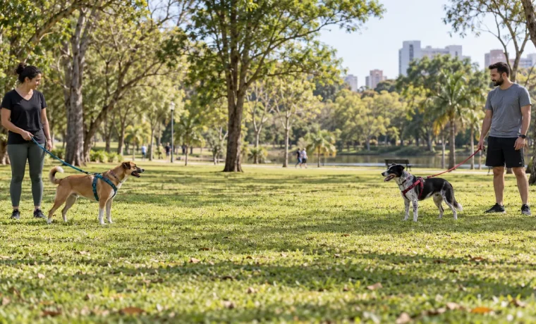 Dois cães adultos acompanhados por tutores observam um ao outro à distância