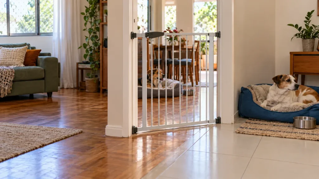 Dois cães descansam em camas próprias em ambientes separados por uma barreira