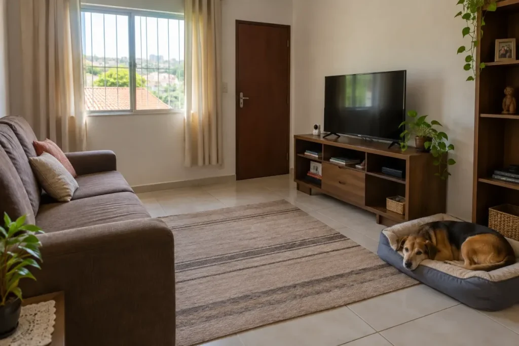 Câmera sobre o móvel da TV voltada para a sala onde o cachorro descansa.