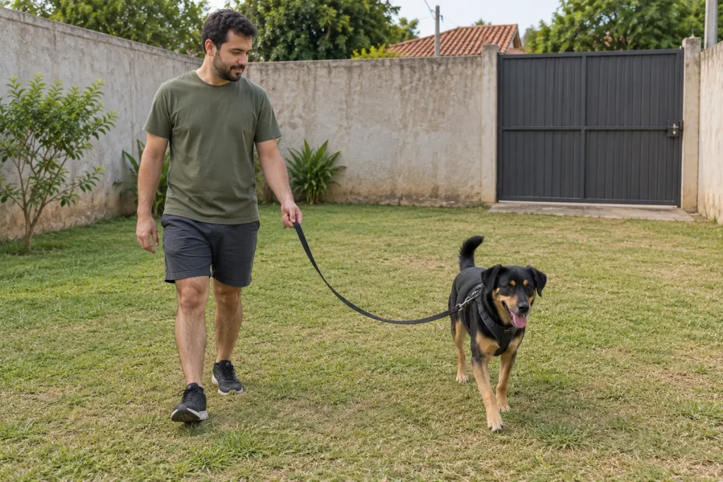 Cachorro se aproxima do tutor em quintal fechado usando peitoral e guia