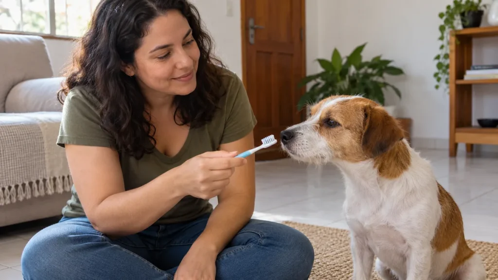Cachorro cheira uma escova pequena apresentada pela tutora