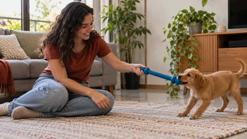 Tutora brinca com filhote usando brinquedo e mantendo os dedos longe da boca