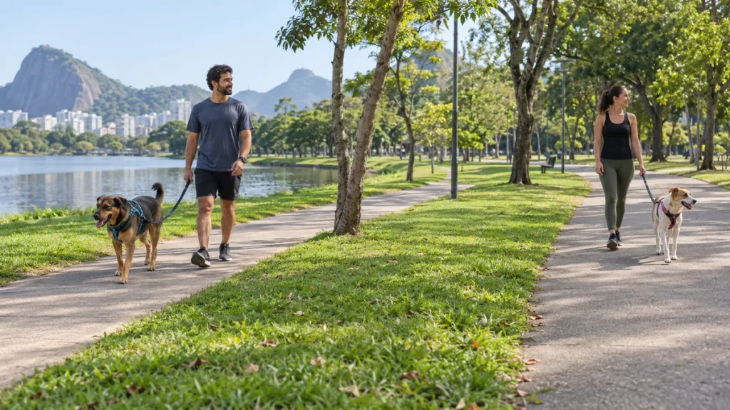 Dois tutores caminham na mesma direção com cães separados por alguns metros