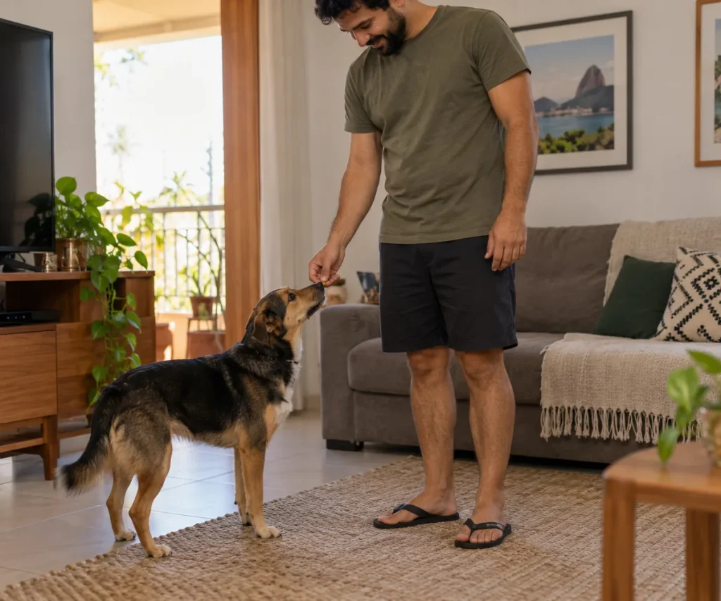Tutor recompensa o cachorro depois que ele se aproxima