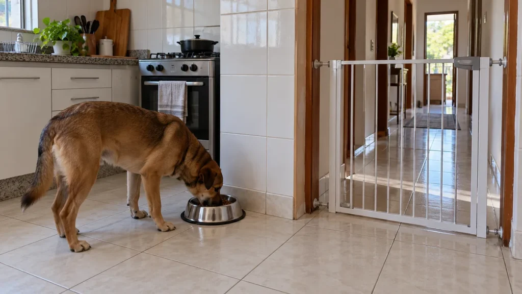 Cachorro comendo na cozinha com barreira fechada para o corredor