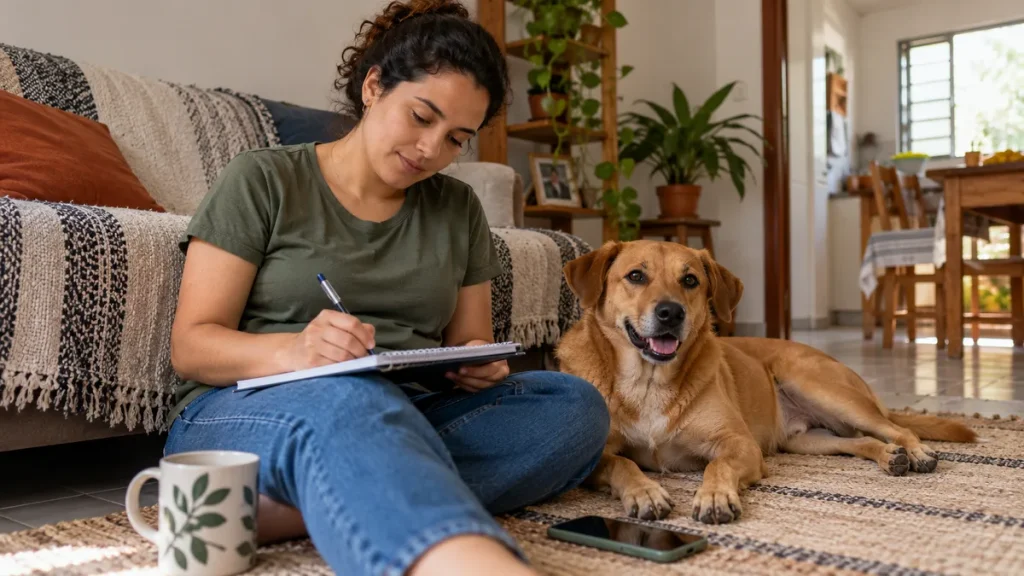 Tutora anotando informações em um caderno com cachorro ao lado