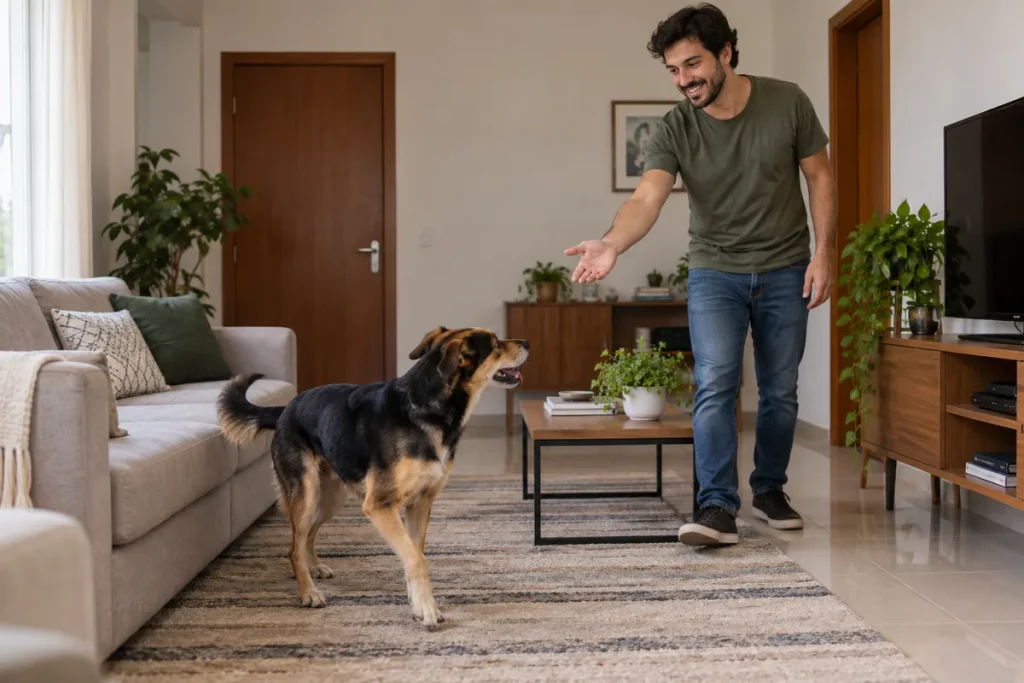 Tutor chama um cachorro a poucos passos dentro da sala