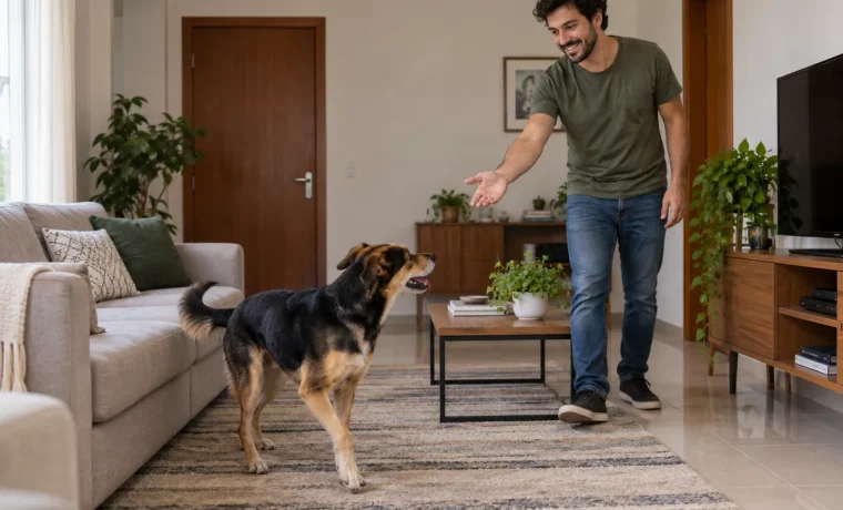 Tutor chama um cachorro a poucos passos dentro da sala