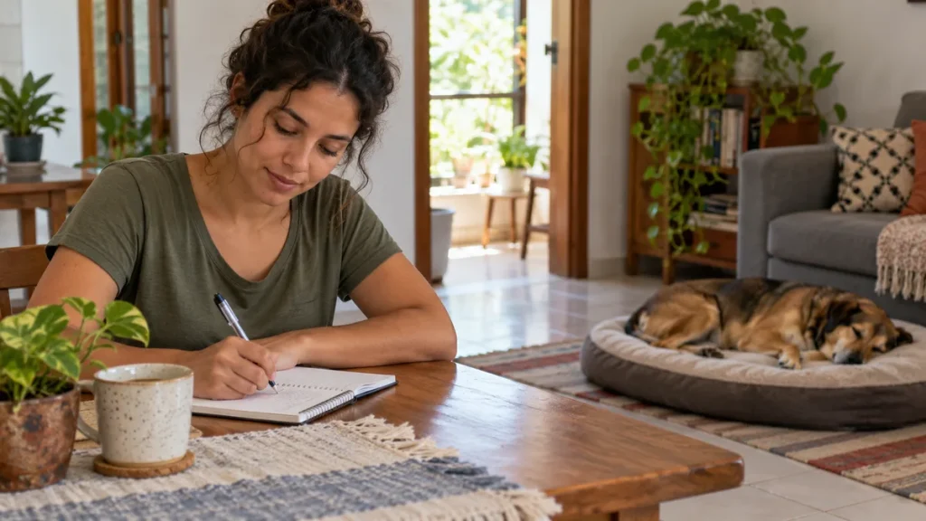 Tutor anotando a rotina com cachorro descansando ao fundo