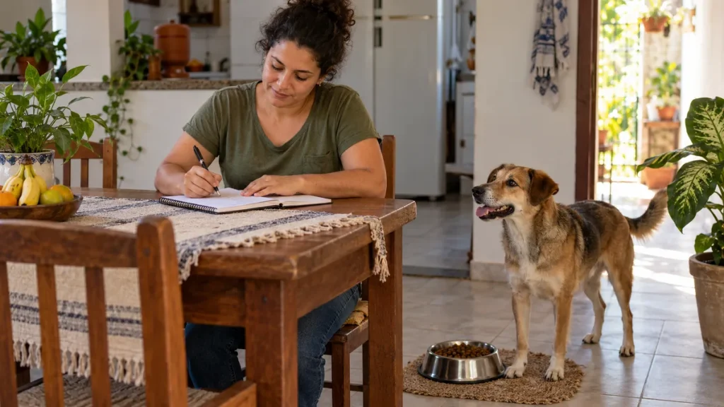 Tutora faz anotações perto do cachorro e da tigela de alimento