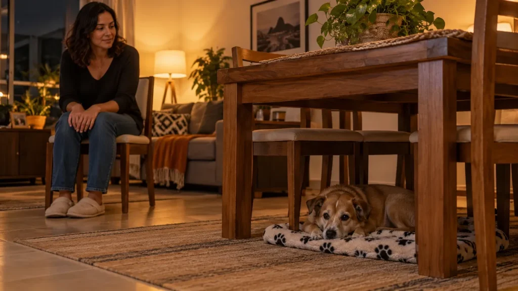 Tutora sentada perto de um cachorro abrigado sob a mesa