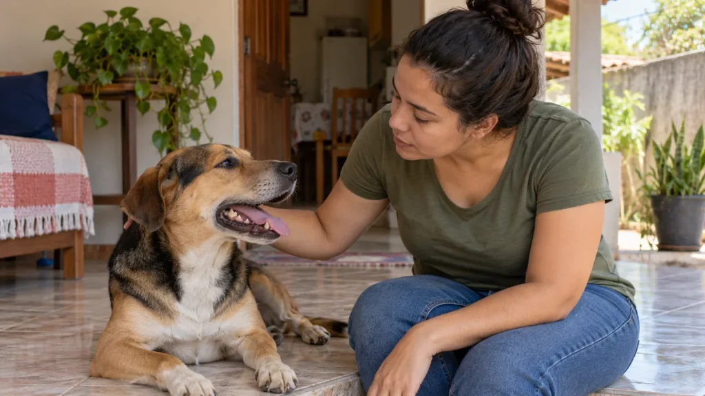 Tutora observa o cachorro de perto em um momento tranquilo