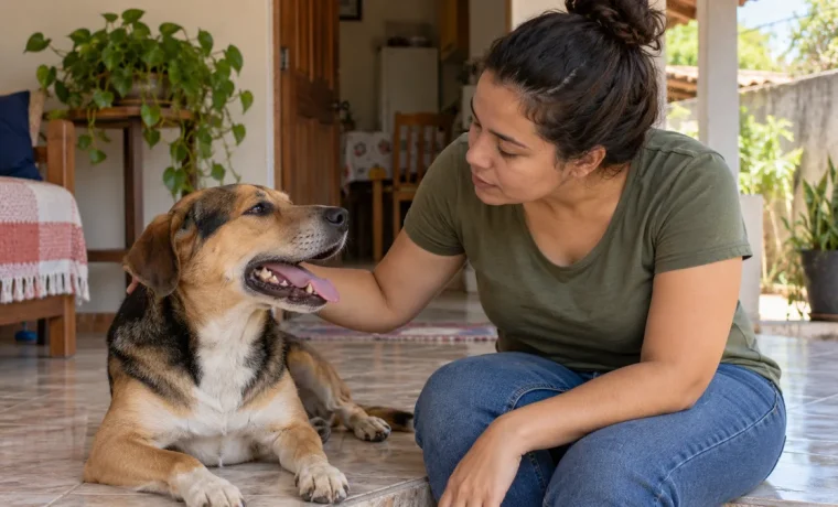 Tutora observa o cachorro de perto em um momento tranquilo