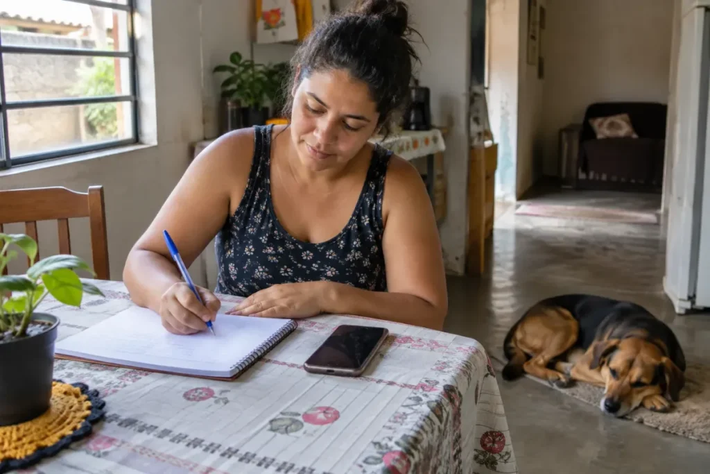 Tutora anotando em um caderno enquanto o cachorro descansa no chão próximo à mesa.