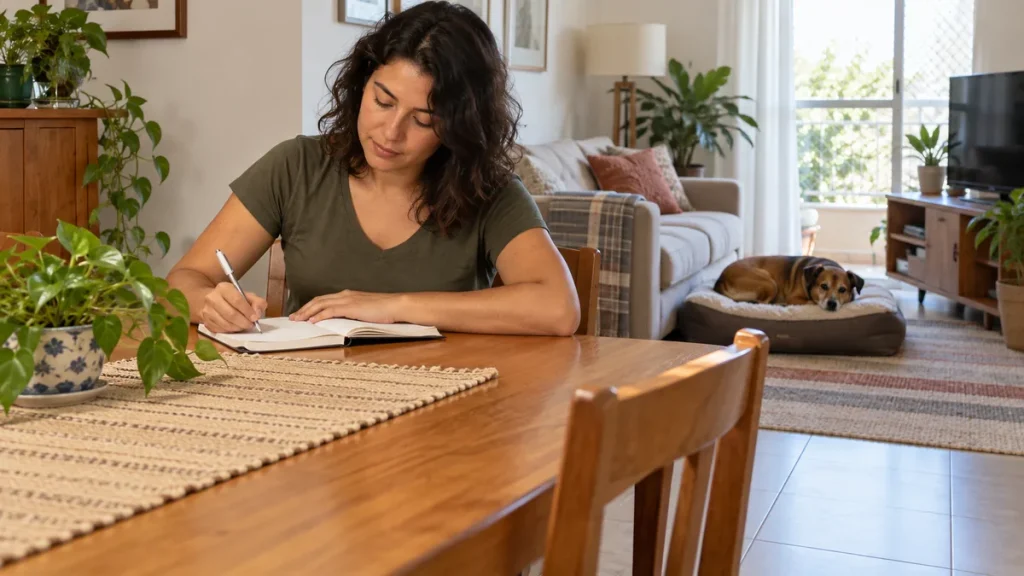 Tutora anotando informações enquanto o cachorro descansa ao fundo