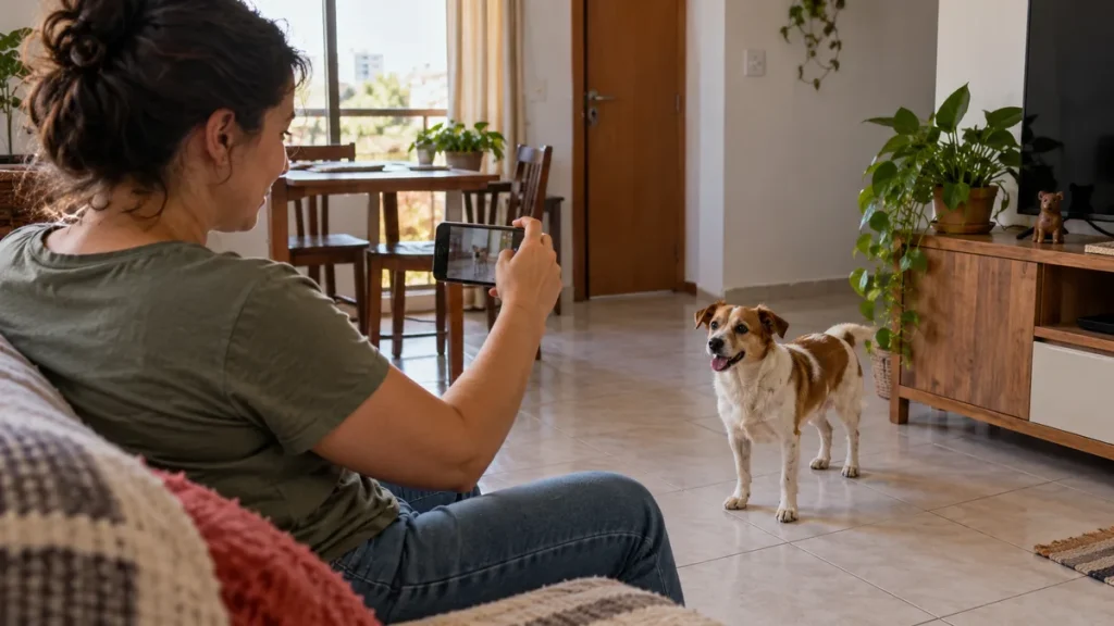 Tutora segura o celular para registrar o cachorro à distância