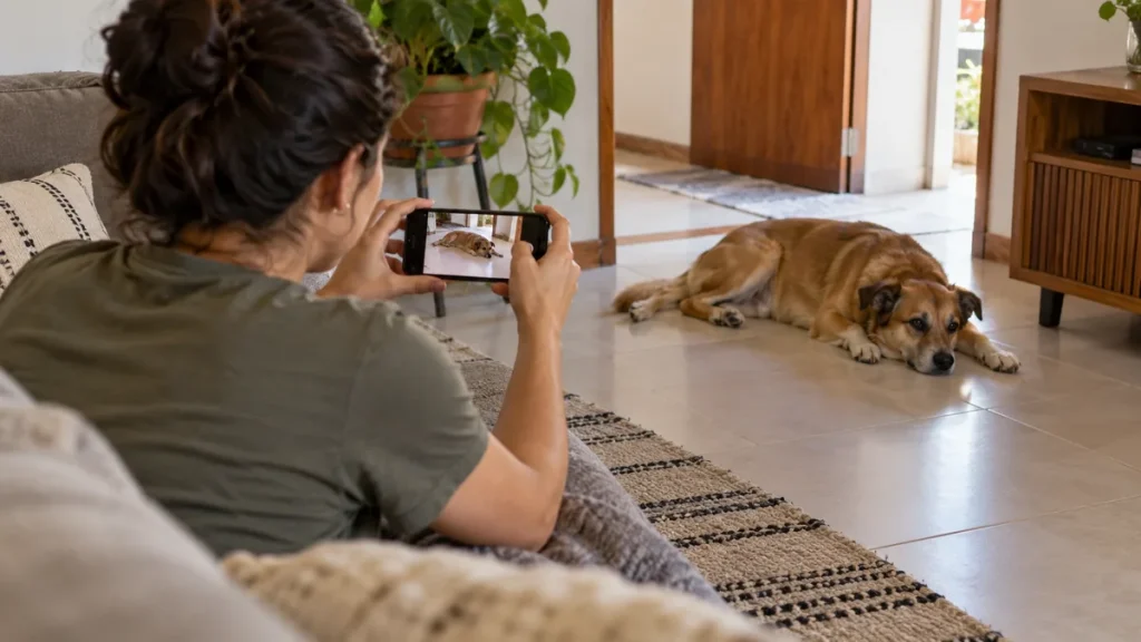 Tutora usando o celular à distância de um cachorro em repouso