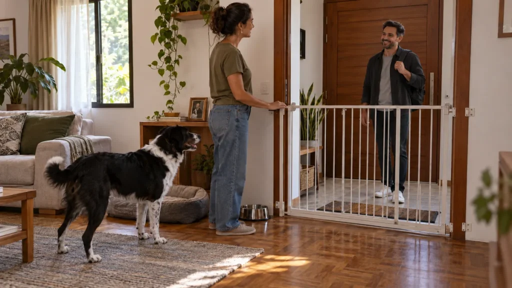 Cachorro permanece atrás de barreira interna enquanto o tutor recebe uma visita