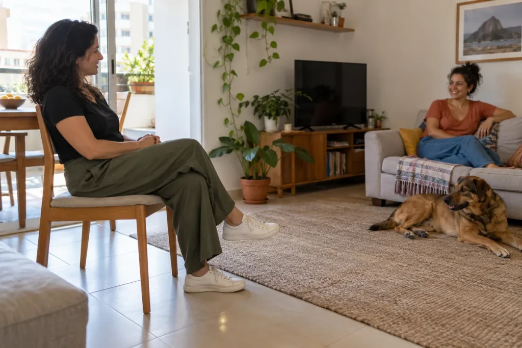 Visita sentada sem tocar no cachorro que observa de longe